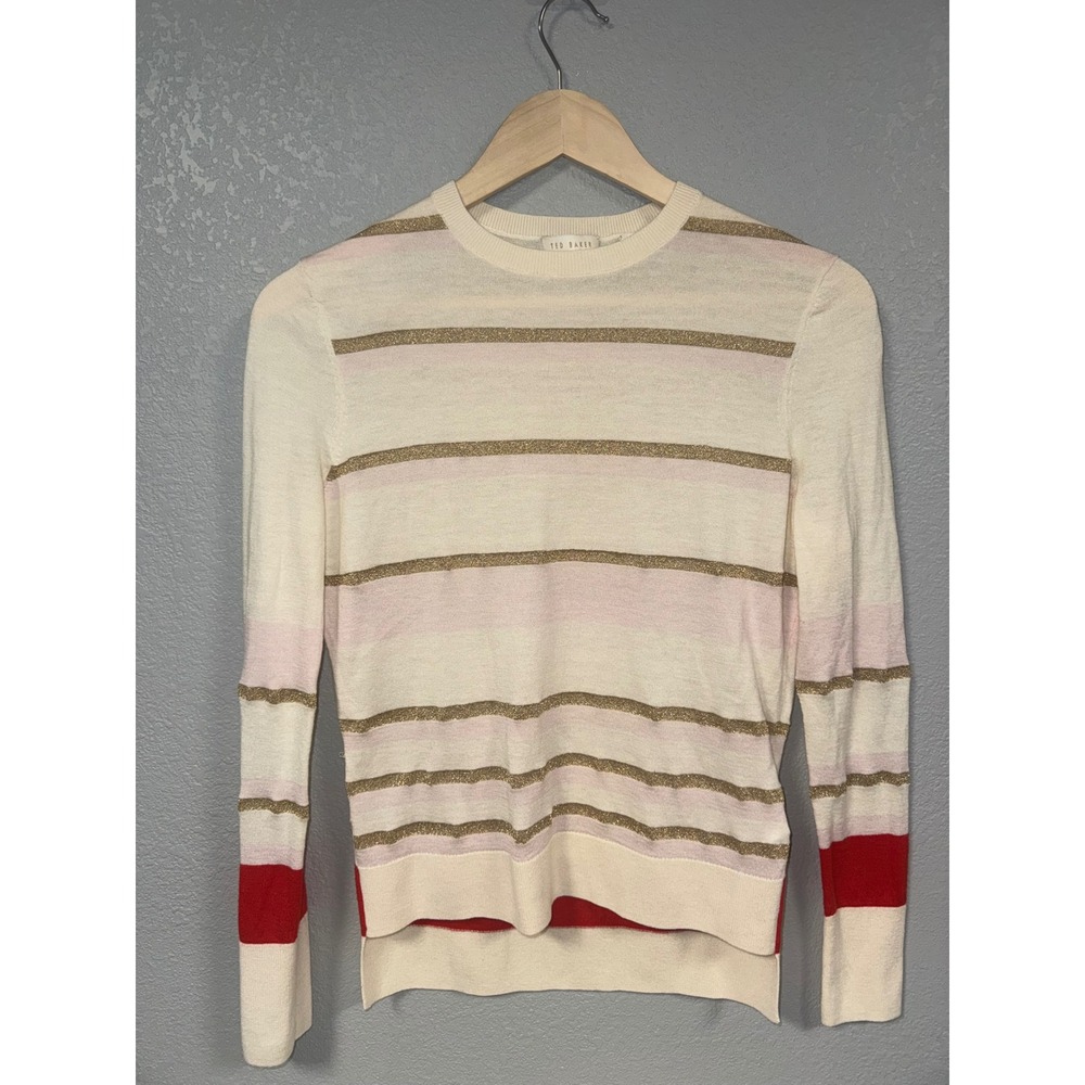Ted Baker London Striped Sweater Womens Size 2 Cream Pink Gold Red Long‎ Sleeve